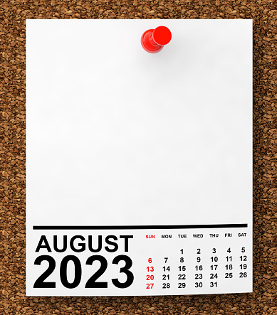 Calendar August 2023 on Blank Note Paper with Free Space for Your Text. 3d Rendering