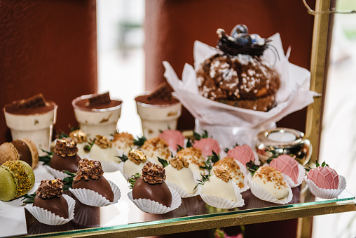 Strawberries in chocolate. Candy bar closeup. Delicious wedding reception luxury ceremony. Background decor. Table with sweets, candies, dessert for birthday party in banquet.