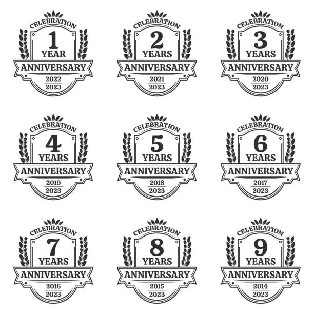 Vector illustration of 1, 2, 3, 4, 5, 6, 7, 8, 9 years anniversary icon or logo. Vintage birthday banner design with laurel wreath. Jubilee celebration badge or label collection. Vector illustration.