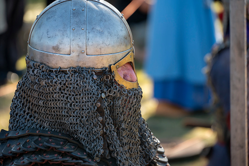 Kenilworth England  July  29th 2023 A  jousting knight wearing  his shining  helm  looks  out  at the  crowd  before  jousting