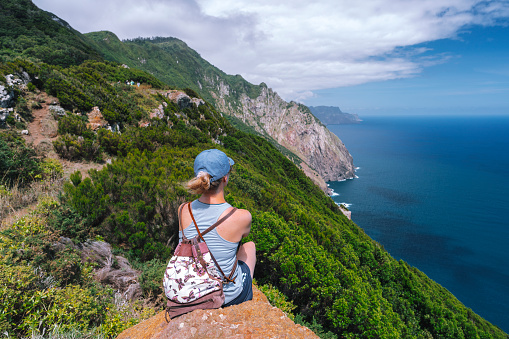 Woman enjoys the landscape of  Madeira Portugal
