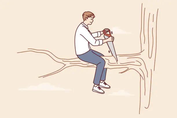 Vector illustration of Man saws tree branch on which sits, symbolizing popular proverb about stupidity and shortsightedness