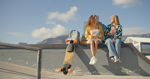Friends, women and skating at a skate park outdoor in summer for fun, sports and freedom. Happy female people together with a skateboard for a conversation, travel adventure and break in a city