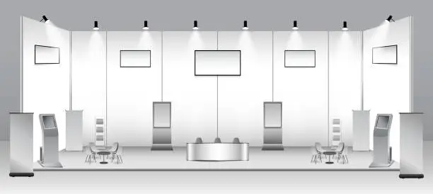 Vector illustration of set of realistic trade exhibition stand or white blank exhibition kiosk or stand booth corporate commercial. eps vector..