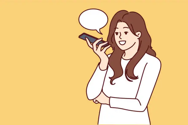 Vector illustration of Woman with phone records audio message or using speech recognition features to send via messenger