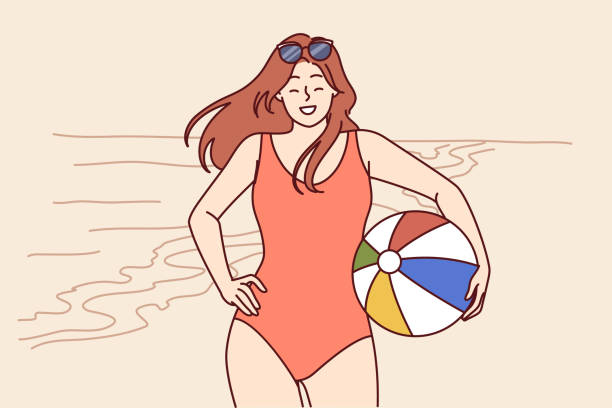 夏休みを楽しむ海岸に立つビーチバレーボール用のボールを持つ水着の女性 - isolated volleyball women adult点のイラスト素材／クリップアート素材／マンガ素材／アイコン素材