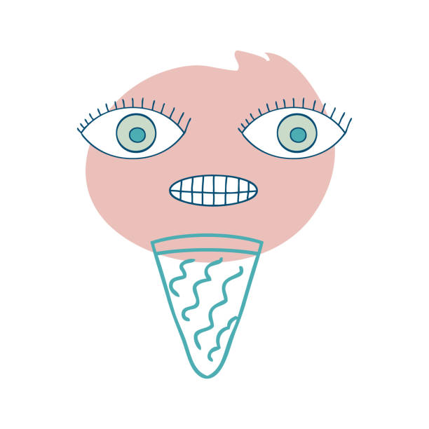 ilustrações, clipart, desenhos animados e ícones de personagem de cone de sorvete de cara louca com olhos rabiscos em estilo retrô. impressão perfeita para camiseta, adesivo, pôster. ilustração vetorial psicodélica para decoração e design. - wiggly tooth