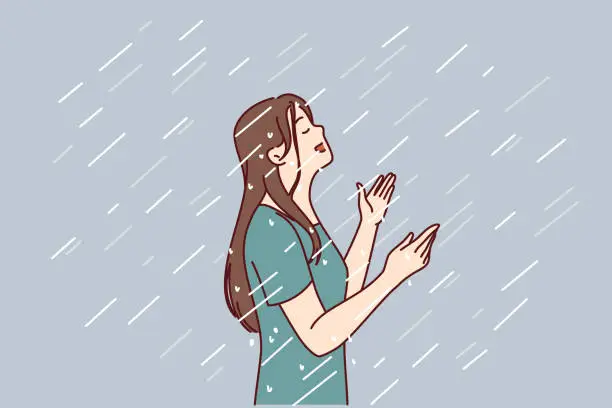 Vector illustration of Woman enjoys rain standing under drops falling from sky in wet t-shirt and raising head up