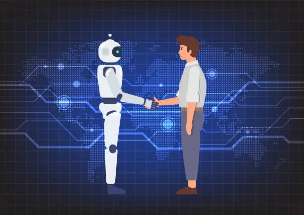 Vector illustration of Handshake between man and robot over the abstract technology background