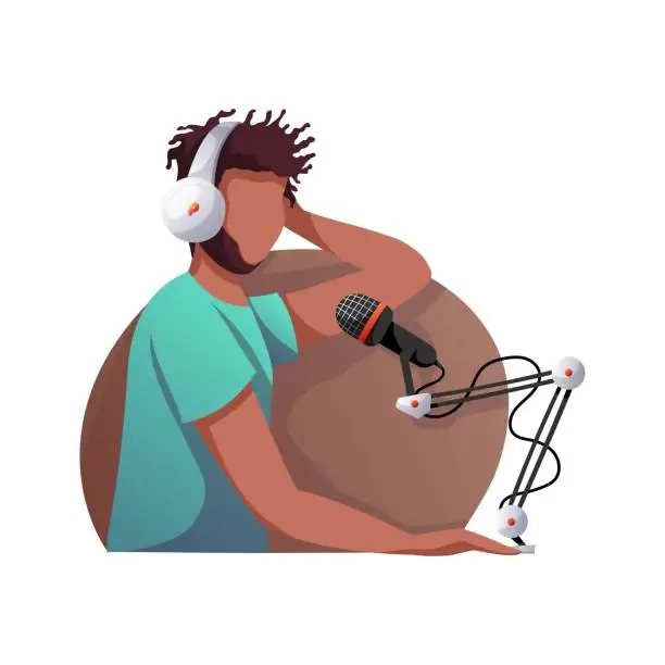 Vector illustration of Black Man with microphone and headphones recording podcast.