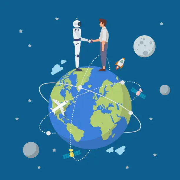 Vector illustration of Handshake between man and robot over the earth