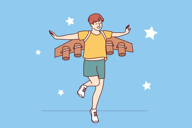 Vector illustration of Little boy dreams of becoming pilot or astronaut and jumps in suit with airplane wings