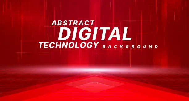 Vector illustration of Digital technology futuristic metaverse red background, cyber information, abstract speed connect communication, innovation future meta tech, internet network connection, Ai big data, illustration 3d