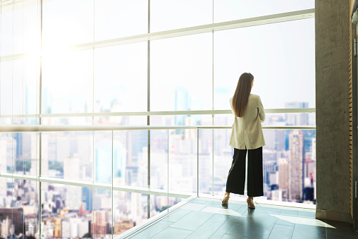 Rear view of thinking businessman looking out of office over the city. Confident businesswoman wearing blazer. Unrecognizable person. Full length shot.