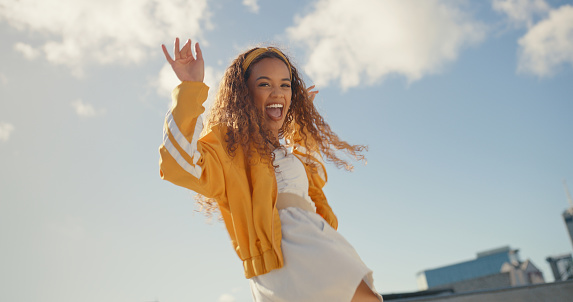 Portrait dance and gen z girl at a skatepark with freedom, celebration and having fun outdoors. Dancing, teenager and female person celebrating holiday, weekend or break, cool and confident in Mexico