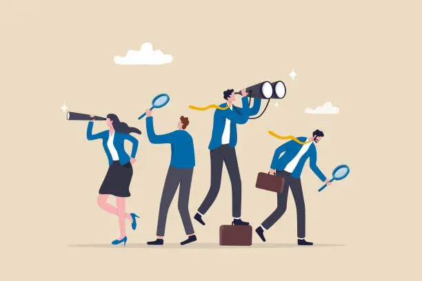 Vector illustration of Search opportunity, finding new job, inspection or research, SEO or analyze for optimization, inspect or looking for future, career development concept, business people with binoculars, telescope.