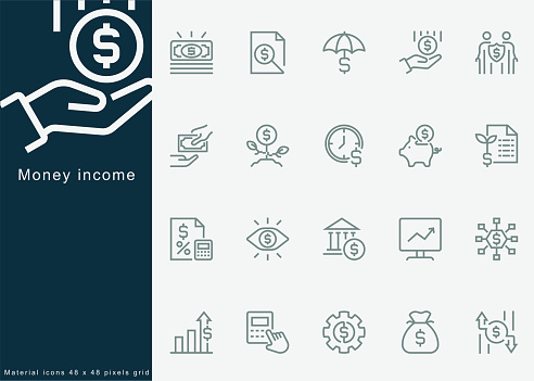 Money income, Income tax, Pension fund, Piggy bank, Income protection, Profit, loss, Profit, Expenses, Percentage Growth, Investment, Personal Growth, Revenue Growth.Line Icons, Minimal Icons