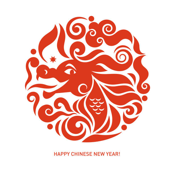 Chinese Happy New Year 2024. Year of the Dragon. Symbol of 2024. Greetings card, emblem, round label design. Red on white vector art illustration