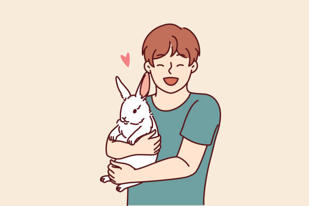 ilustraciones, imágenes clip art, dibujos animados e iconos de stock de niño con risita de conejito abrazando mascota amada por concepto de amor por animales domésticos - rabbit baby rabbit hare standing