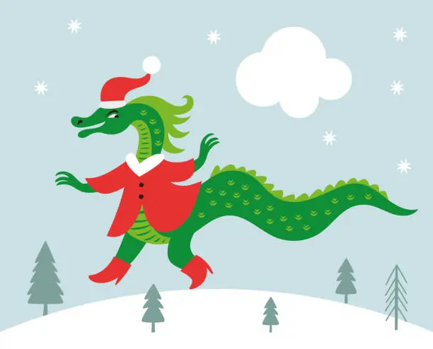 Vector illustration of Cute Dragon in Santa suit.   New Year of the green Dragon on the eastern calendar