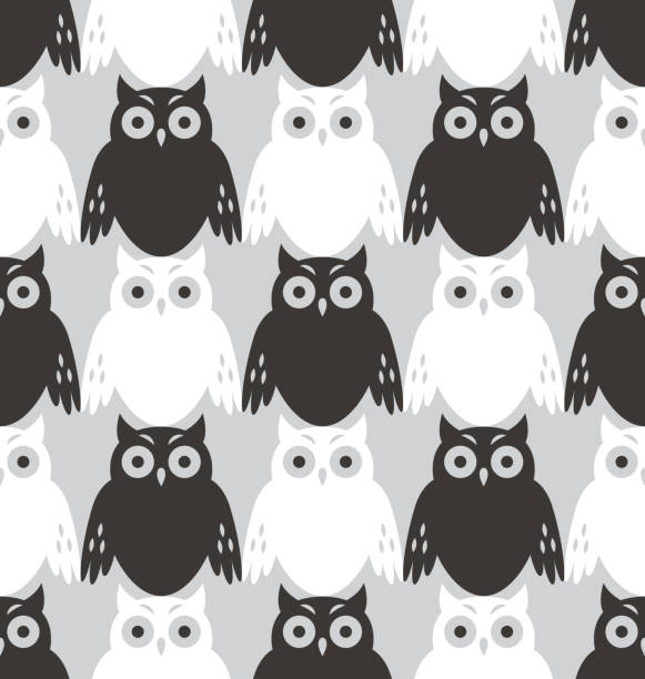 Seamless pattern with black and white owls vector art illustration