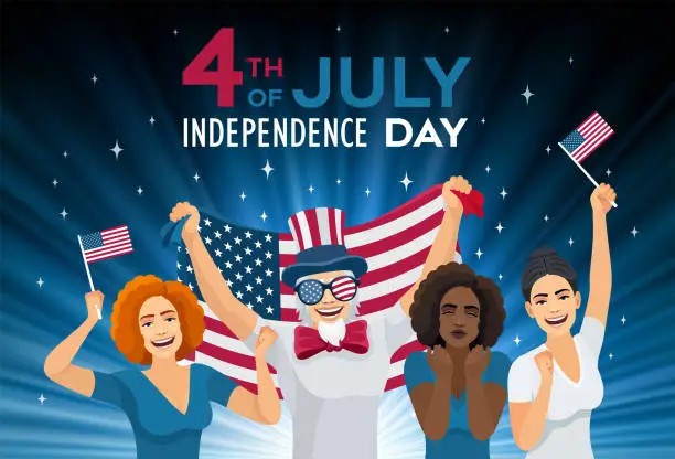 Vector illustration of American Flag. Happy Independence Day. Colorful fireworks. Fourth of July. Modern Uncle Sam Carrying USA Flag. People celebrating the National Day.