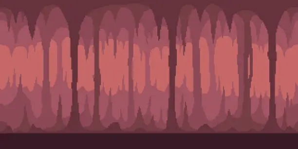 Vector illustration of simple vector pixel art horizontal illustration of red dark cave of stalagmites and stalactites in the style of retro platformer video game level