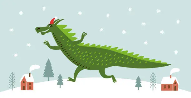 Vector illustration of Cute Dragon in Santa hat. New Year of the green Dragon on the eastern calendar. Dragon running on the snow.