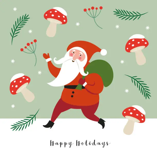 Vector illustration of Christmas card. Cute Santa Claus with gift.  Amanita mushrooms  background as a symbol lucky