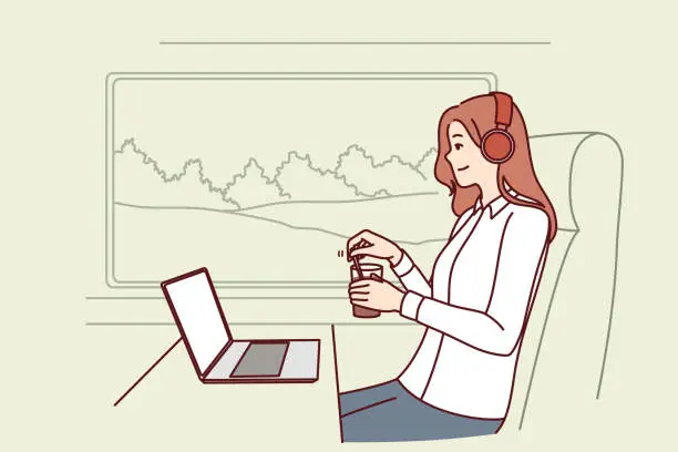 Vector illustration of Woman train passenger uses laptop working on trip and drinks coffee sitting near large window