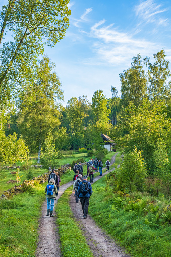 Falköping, Sweden-September, 2020: Group of people walking on a dirt road in the country