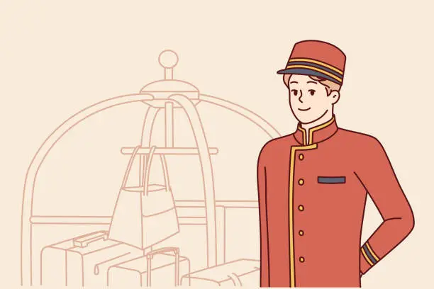 Vector illustration of Bellboy works at hotel standing near cart with suitcases and bags and waiting for new guests