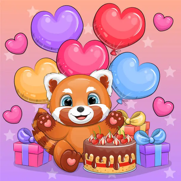 Vector illustration of Cute cartoon red panda birthday party with cake, gifts and colorful balloons.