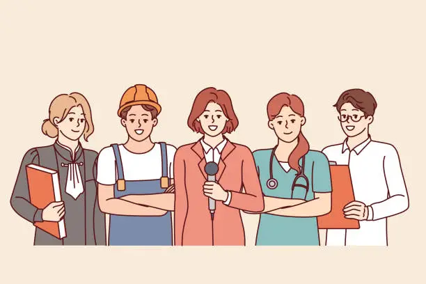 Vector illustration of People diverse professions are smiling standing in service uniforms and posing for labor day poster