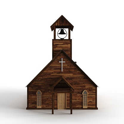 A 3D rendering of a wild west church from the front