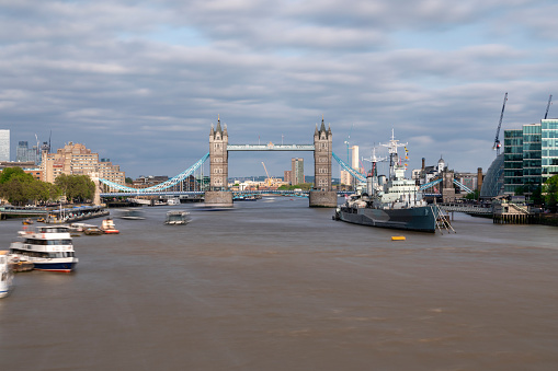 Tower Bridge and HMS Belfast , London, England