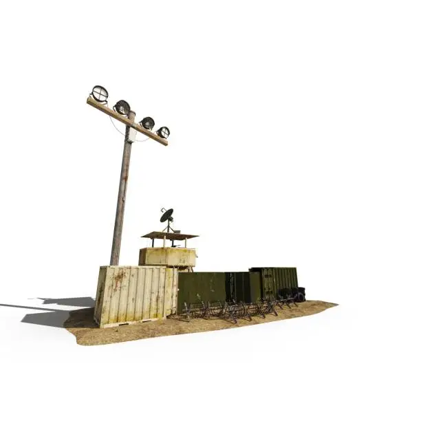 A 3D rendered scale model of a warzone area with a satellite and a watch tower