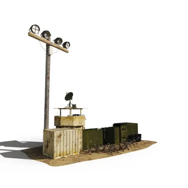 A 3D rendered scale model of a warzone with a watch tower