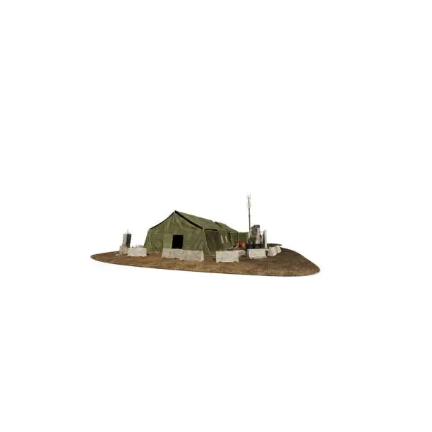A side view of a 3D rendered scale model of a tent in a warzone area