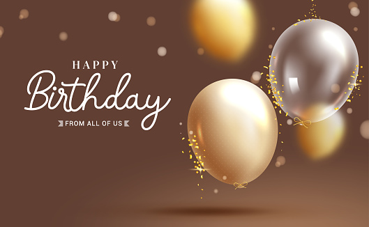 Happy birthday text vector design. Birthday greeting with gold and translucent balloons elements in elegant background. Vector illustration for invitation card template.