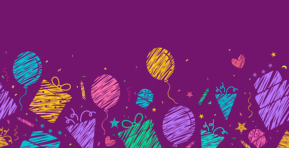 Birthday seamless vector design. Birthday party elements in purple background for wallpaper and wrapper. Vector illustration in empty space background.