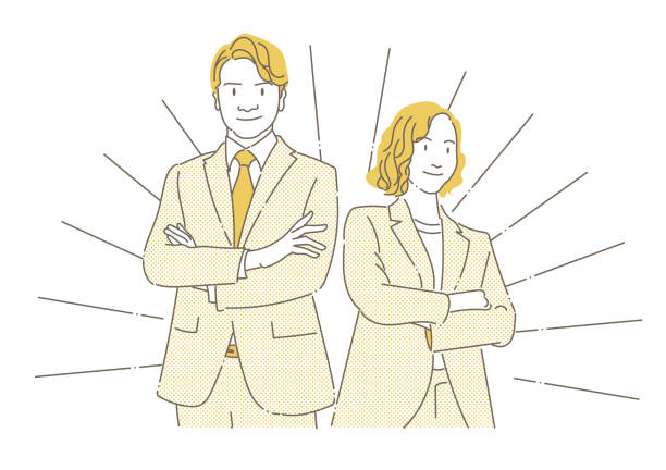 pewni siebie mężczyźni i kobiety biznesmeni-mono - young adult white background business person entrepreneur stock illustrations