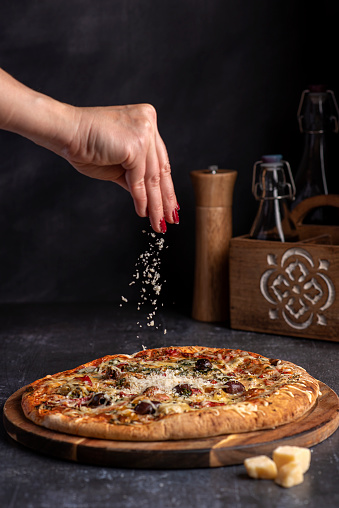 Food photography of pizza, parmesan, cheese, appetizer, olive, background