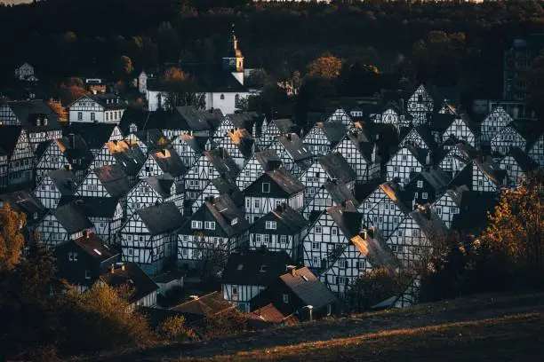A scenic view of old half-timbered houses in Freudenberg, Germany.