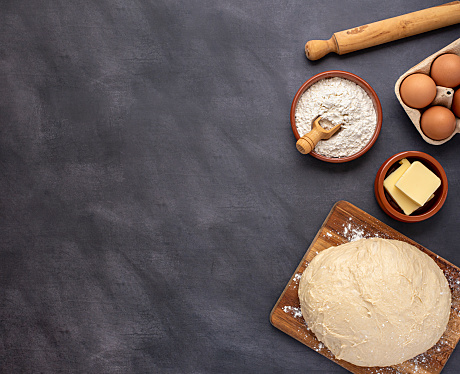 Blank photography of raw dough, sourdough, ingredients, butter, egg, bread, pastry, rolling