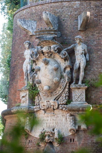 The Duke Cosimo coat of arms, on the Medici fortress bastion (called San Francesco bastion), sculpted by Francesco Camilliani. Siena, Italy - 2023, June 24: The Duke Cosimo coat of arms, on the Medici fortress bastion (called San Francesco bastion), sculpted by Francesco Camilliani. Cosimo stock pictures, royalty-free photos & images