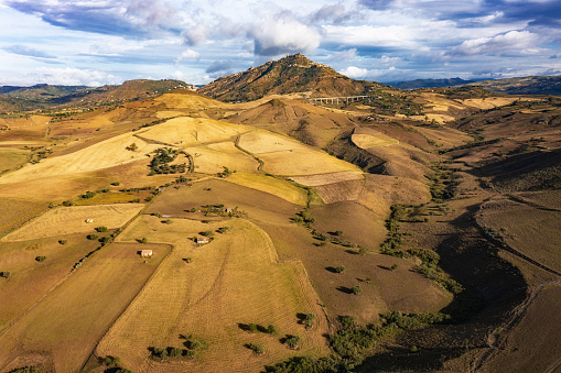 Aerial view of fields in the municipality of Enna in Sicily Italy