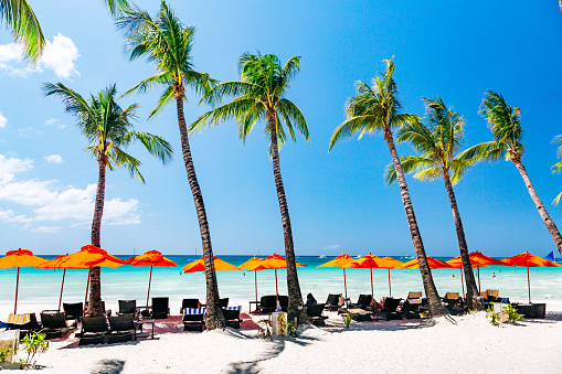 A scene from Boracay Island's renowned White Beach on a sunny day. The image features tall palm trees standing along the sandy beach, providing shade to the area. The beach is adorned with numerous deck chairs and orange beach parasols placed under the palm trees. The sea appears calm and displays a combination of clear turquoise and dark blue tones, extending towards the horizon. Above, the sky is a vibrant blue with a few clouds scattered across it.
