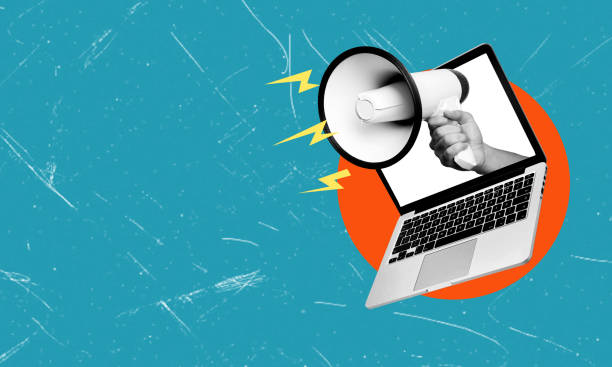 istock Art collage, laptop, and megaphone on blue background with copy space. 1502843645