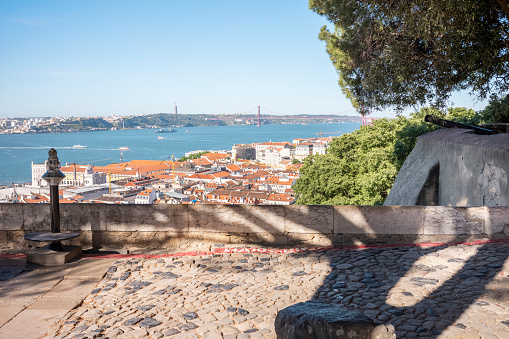 Lisbon, Portugal - May 25, 2022: The Castle of Sao Jorge in Lisbon Portugal in the day with sunshine.
